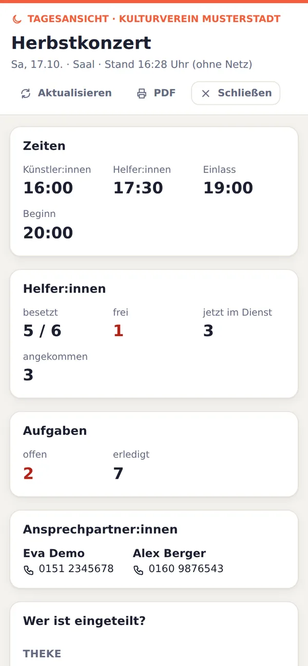Tagesansicht für den Abend mit Zeiten, Helfer:innen, Aufgaben und Ansprechpartner:innen