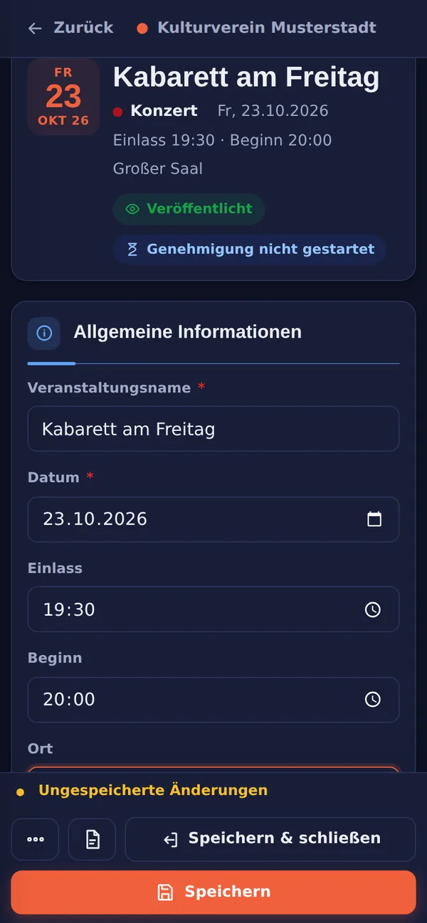 Editor einer Veranstaltung im dunklen Aussehen mit Name, Datum, Einlass und Beginn