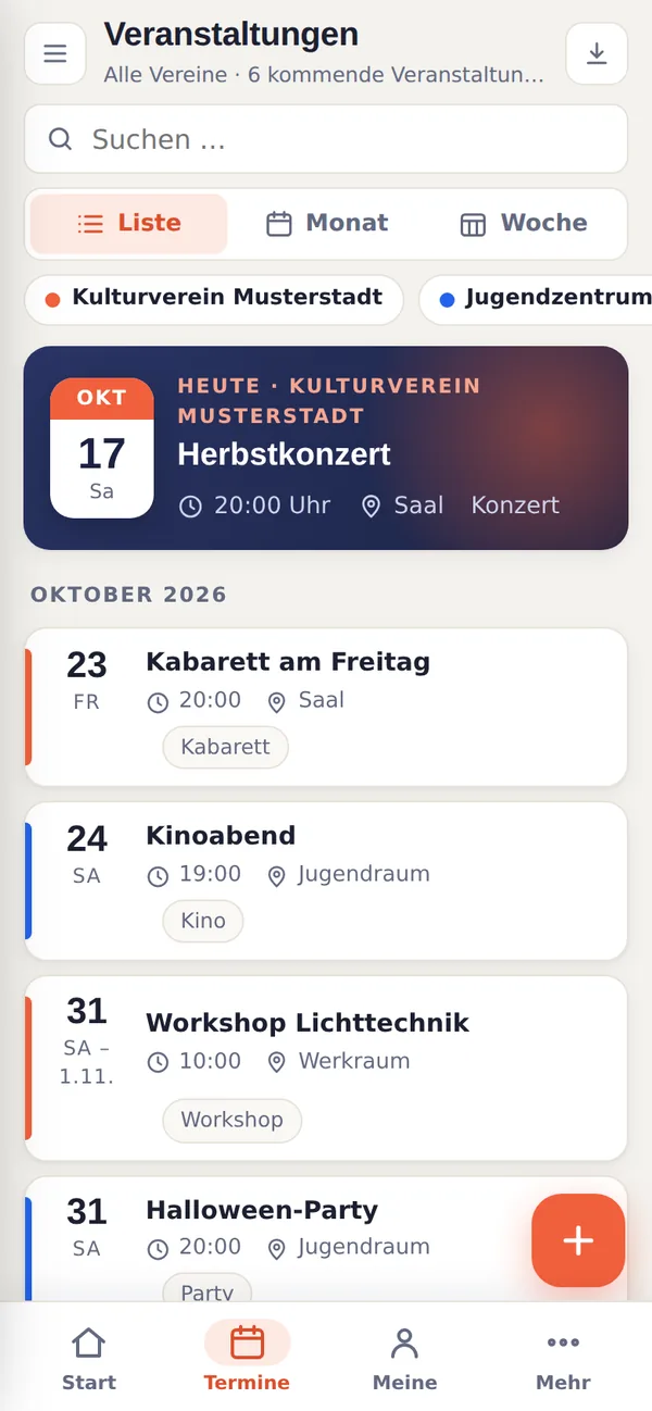 Veranstaltungen zweier Vereine als Liste, jeder Verein in seiner Farbe
