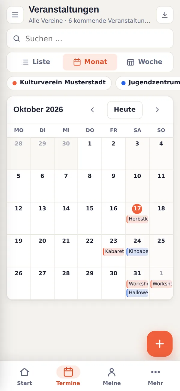 Monatskalender mit den Veranstaltungen zweier Vereine