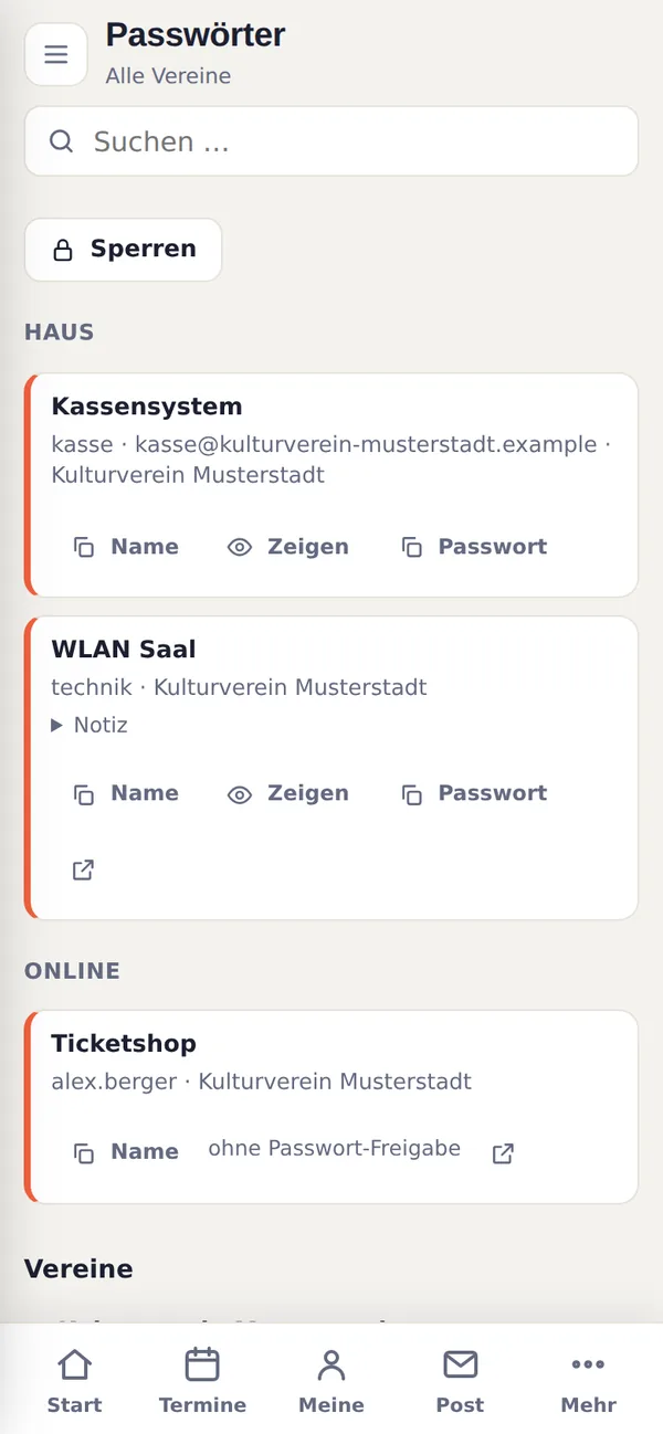 Passwortsafe ohne Netz mit Einträgen und den Knöpfen Name, Zeigen und Passwort