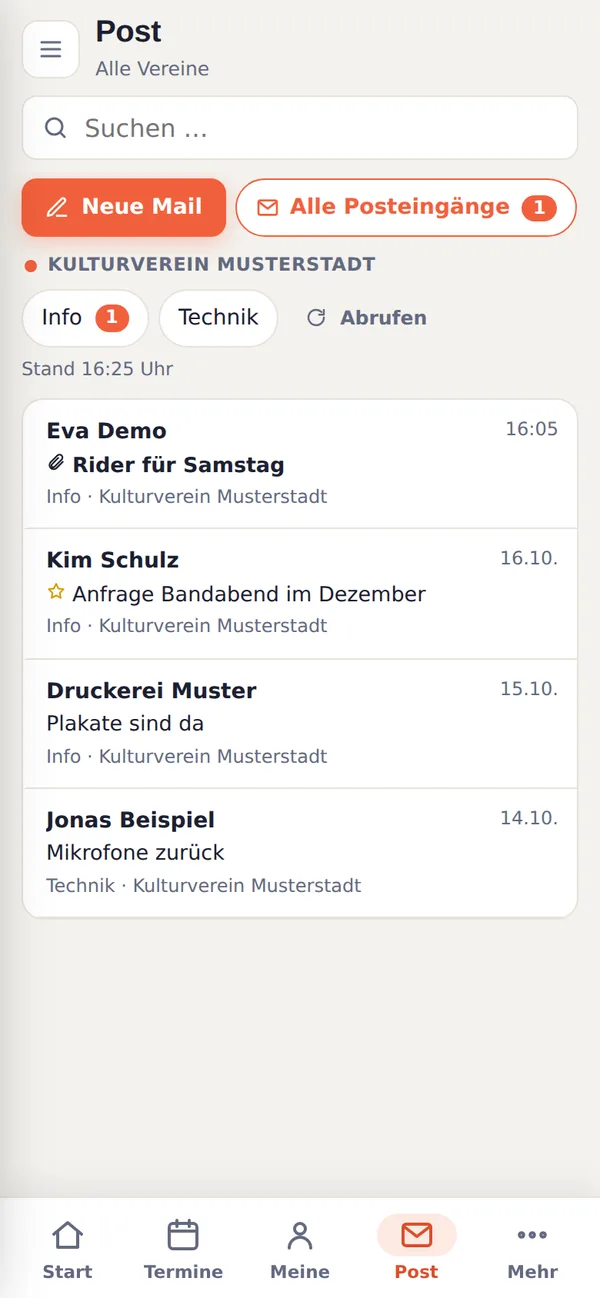 Post: Posteingang aller Vereine mit Ordnern