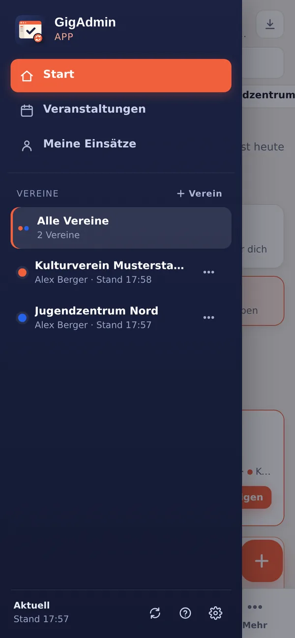Seitenleiste mit Start, Veranstaltungen, Meine Einsätze und zwei Vereinen