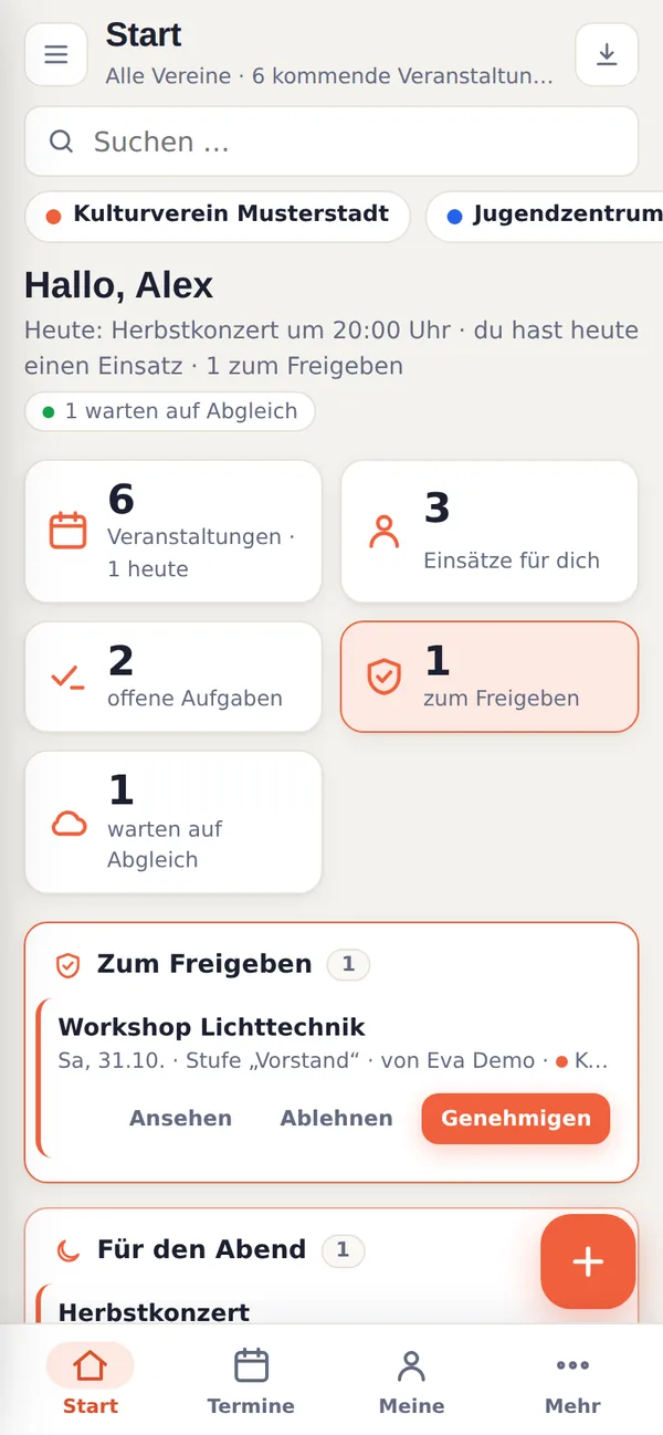 GigAdmin App: Start mit Kacheln für Veranstaltungen, Einsätze, Aufgaben und zum Freigeben