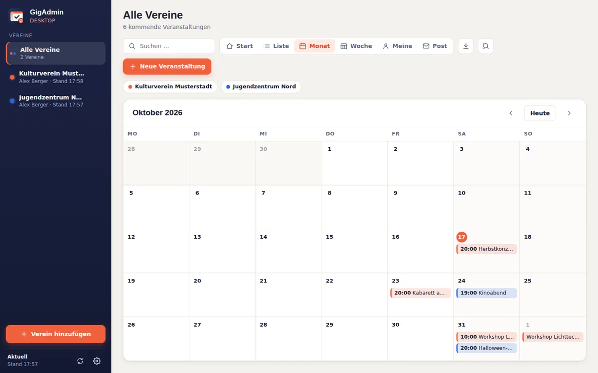 Monatskalender mit den Veranstaltungen zweier Vereine in ihren Farben