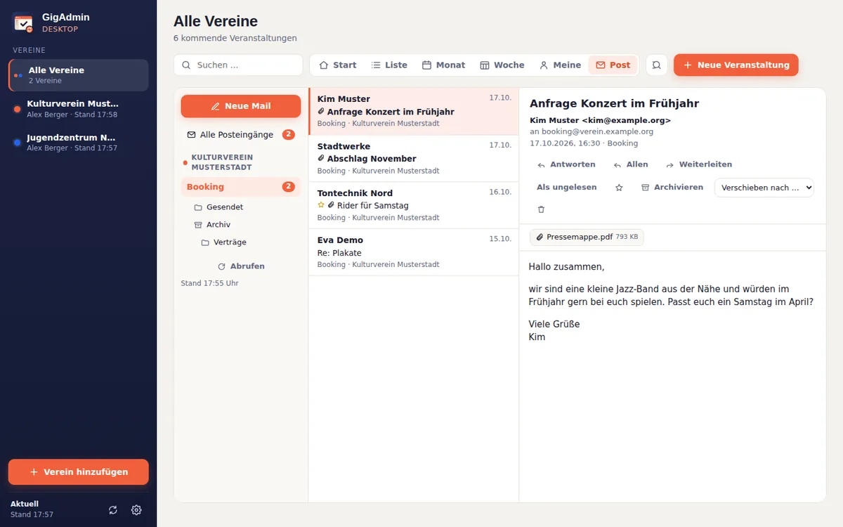 Postfach im Programm mit Ordnern, Posteingang und einer geöffneten Mail
