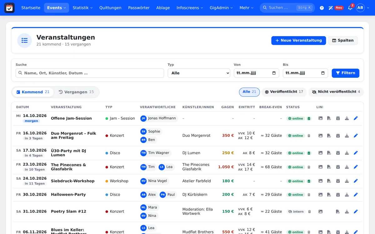 Liste der Veranstaltungen mit Datum, Typ, Verantwortlichen, Gage und Status