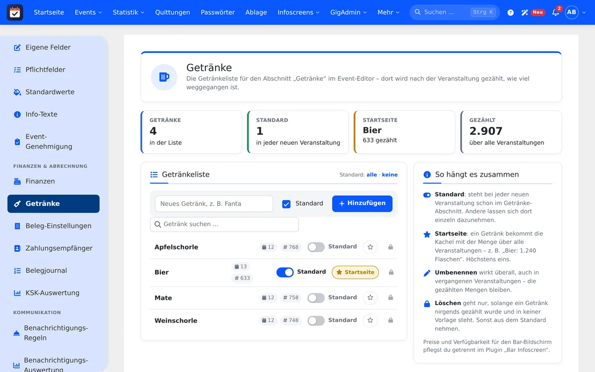 Getränkeliste mit Standard-Getränken und gezählten Flaschen