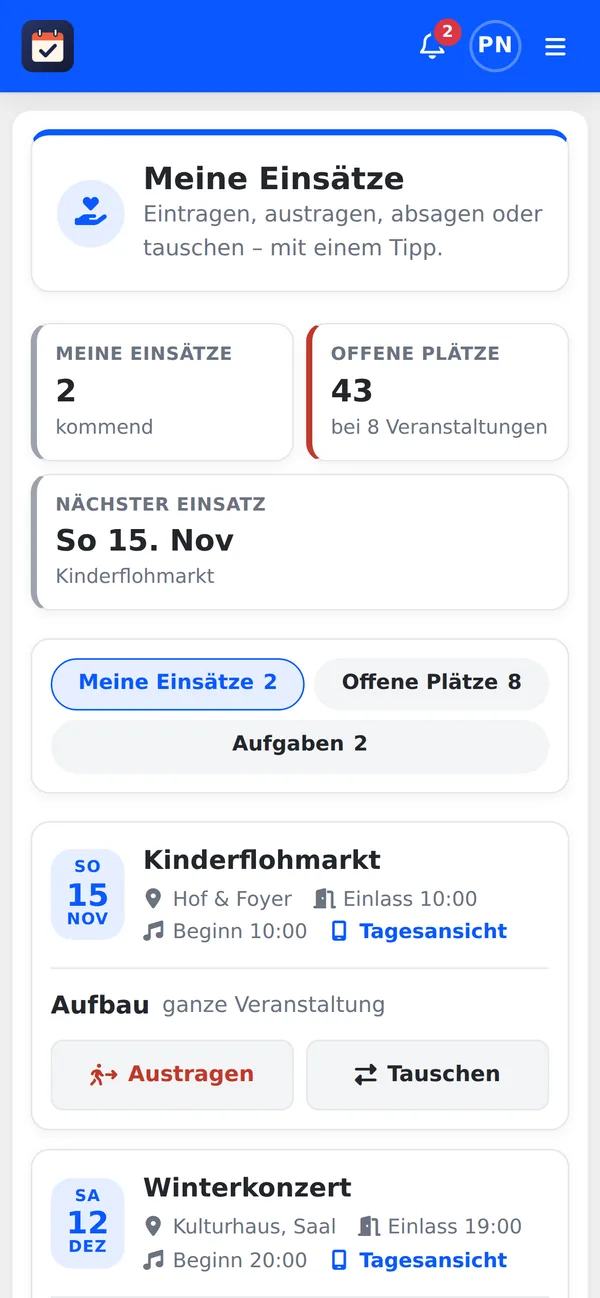 Meine Einsätze auf dem Handy: kommende Schichten mit Austragen und Tauschen