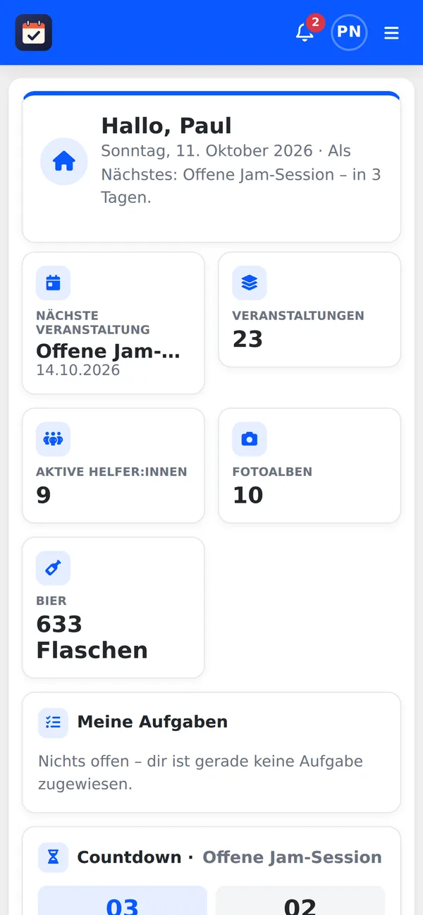 Startseite auf dem Handy mit nächster Veranstaltung