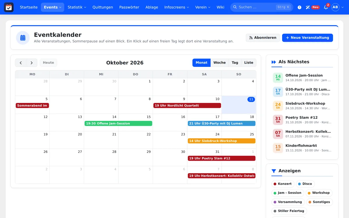 Eventkalender mit Monatsansicht und den nächsten Veranstaltungen