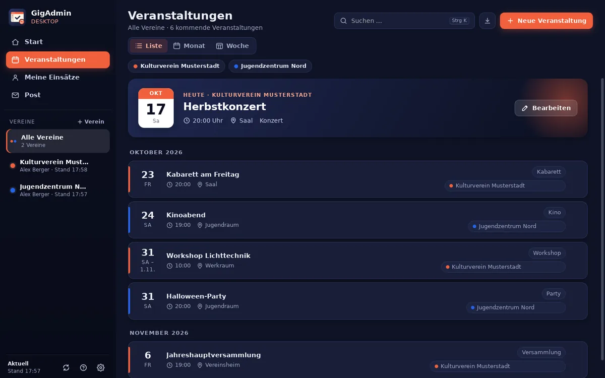 Liste der Veranstaltungen zweier Vereine im dunklen Aussehen