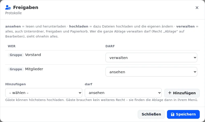 Fenster „Freigaben“ für den Ordner Protokolle: Gruppe Vorstand darf verwalten, Gruppe Mitglieder darf ansehen, darunter eine Zeile zum Hinzufügen