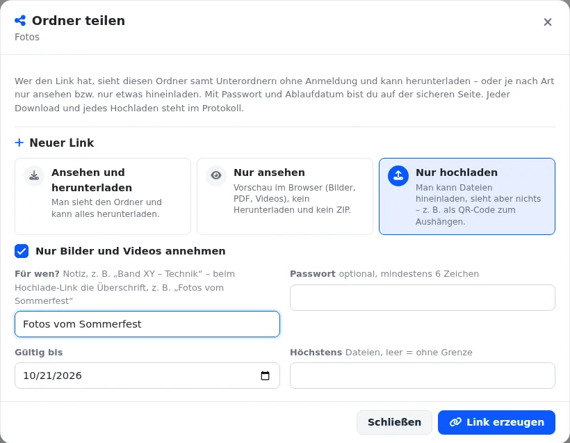Fenster „Ordner teilen“ für den Ordner Fotos: die drei Arten mit „Nur hochladen“ gewählt, Notiz „Fotos vom Sommerfest“ und Felder für Passwort, Gültig bis und Höchstzahl