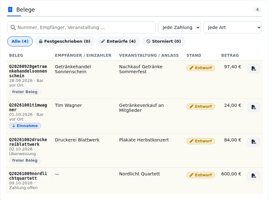 Belegjournal mit Suchfeld, Filtern und vier Belegen, je mit Nummer, Empfänger, Veranstaltung oder Anlass, Stand „Entwurf“ und Betrag