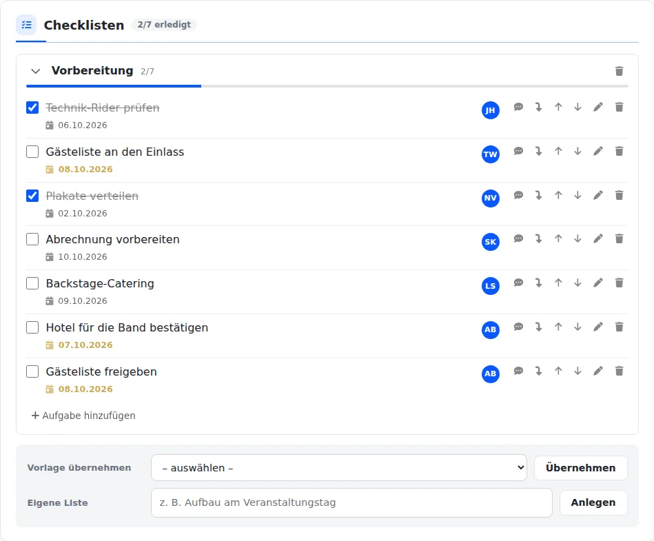 Abschnitt „Checklisten“ mit der Liste „Vorbereitung“ und Fortschrittsbalken 2/7: Aufgaben wie „Technik-Rider prüfen“ (abgehakt), „Gästeliste an den Einlass“ und „Hotel für die Band bestätigen“, jeweils mit Frist und Kürzel der zuständigen Person.