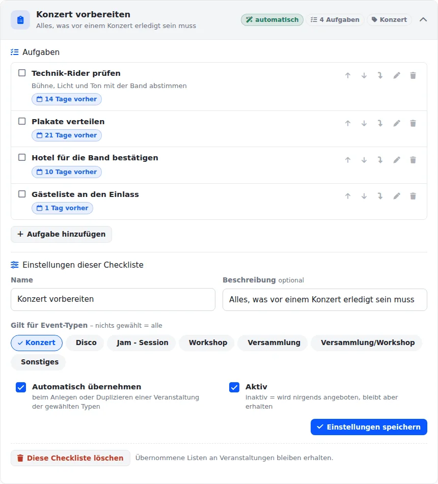 Aufgeklappte Checklisten-Vorlage „Konzert vorbereiten“ mit den Kennzeichen „automatisch“, „4 Aufgaben“ und „Konzert“, Aufgaben mit relativen Fristen wie „14 Tage vorher“ und darunter die Einstellungen mit Event-Typen und den Haken „Automatisch übernehmen“ und „Aktiv“.
