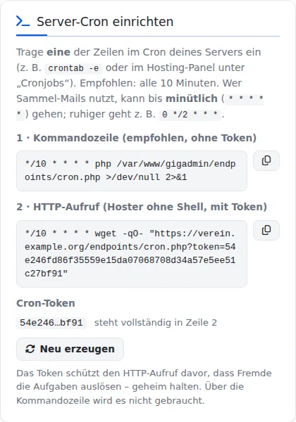 Kasten „Server-Cron einrichten“ mit zwei kopierbaren Zeilen, Kommandozeile und HTTP-Aufruf, darunter das gekürzte Cron-Token und Knopf „Neu erzeugen“