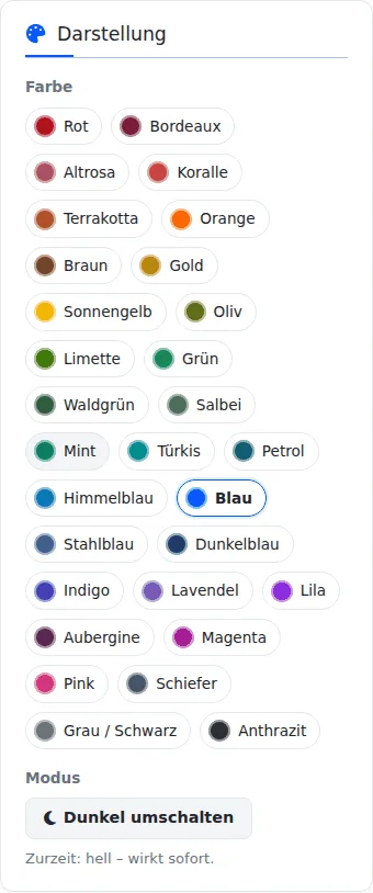 Karte „Darstellung“ im Profil mit farbigen Punkten von Rot bis Anthrazit, „Blau“ ist ausgewählt, darunter „Modus“ mit Knopf „Dunkel umschalten“