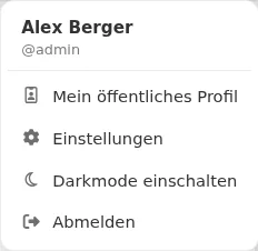 Kleines Menü unter dem Namen „Alex Berger“ mit den Einträgen Mein öffentliches Profil, Einstellungen, Darkmode einschalten und Abmelden