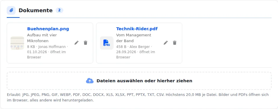Abschnitt „Dokumente“ mit zwei Dateien: Buehnenplan.png mit der Beschreibung „Aufbau mit vier Mikrofonen“ und Technik-Rider.pdf „Vom Management der Band“, darunter die Fläche „Dateien auswählen oder hierher ziehen“ und die erlaubten Dateiarten.