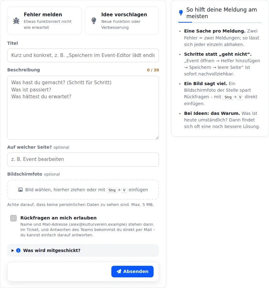 Formular „Feedback & Fehler“ mit Auswahl „Fehler melden“ oder „Idee vorschlagen“, Feldern für Titel, Beschreibung, Seite und Bildschirmfoto, dem Haken „Rückfragen an mich erlauben“ und Knopf „Absenden“