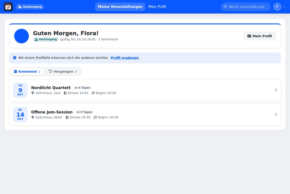 Übersicht eines Gasts mit Begrüßung „Guten Morgen, Flora!“, Marke Gastzugang, Gültigkeit bis 14.10.2026 und zwei kommenden Veranstaltungen