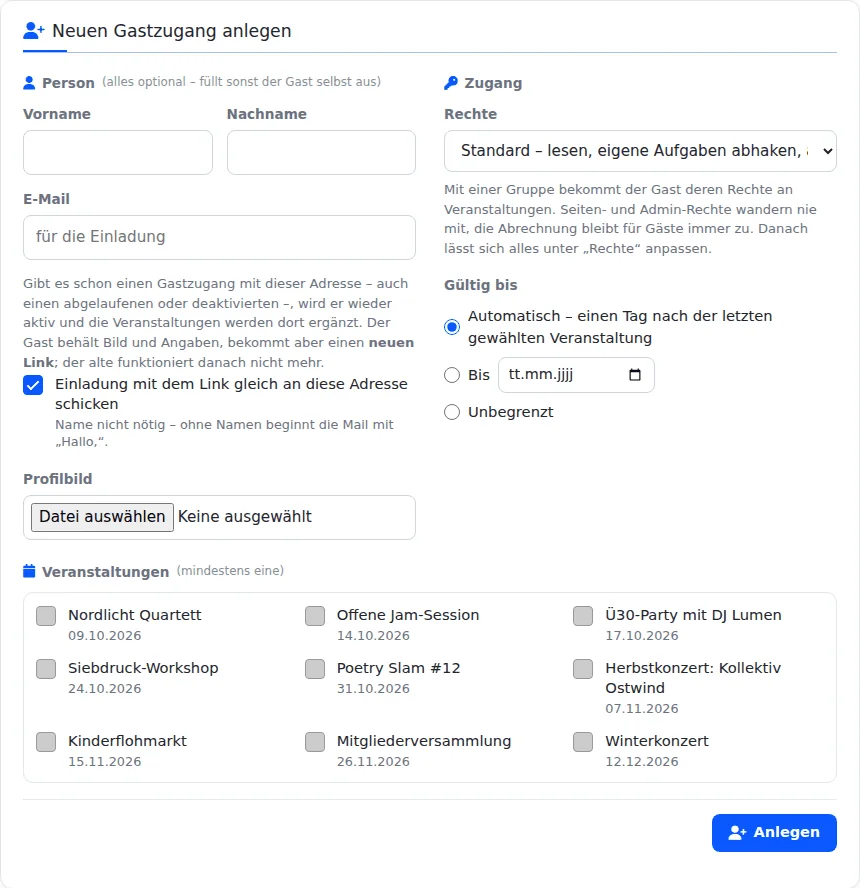 Formular „Neuen Gastzugang anlegen“ mit Feldern für Name und Mail, Haken für die Einladung, Auswahl der Rechte, Gültigkeit „Automatisch“ und Liste kommender Veranstaltungen zum Anhaken