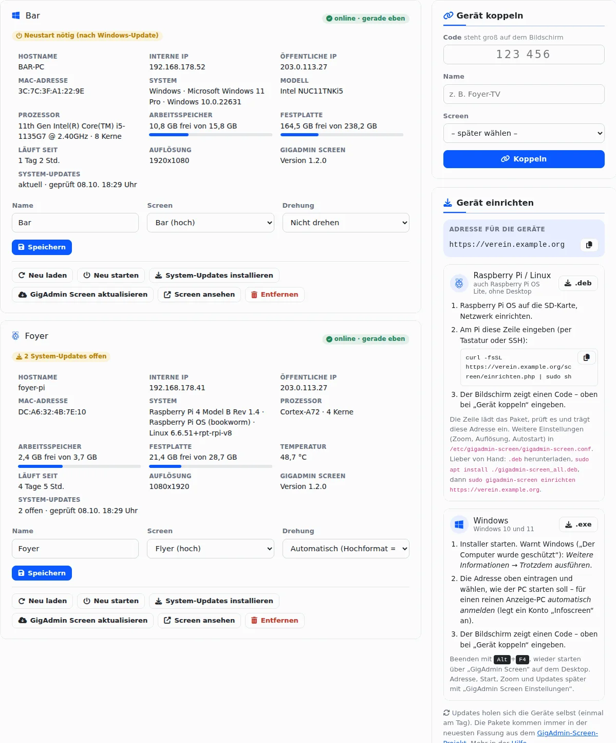 Reiter „Geräte“ mit zwei gekoppelten Geräten, „Bar“ unter Windows und „Foyer“ auf einem Raspberry Pi, beide online, mit Systemangaben, Screen, Drehung und Knöpfen wie Neu laden und Neu starten. Rechts „Gerät koppeln“ und „Gerät einrichten“