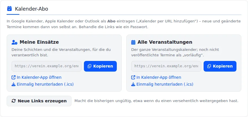 Karte „Kalender-Abo“ im Profil mit den Abos „Meine Einsätze“ und „Alle Veranstaltungen“, je mit Link zum Kopieren, „In Kalender-App öffnen“ und Download als .ics