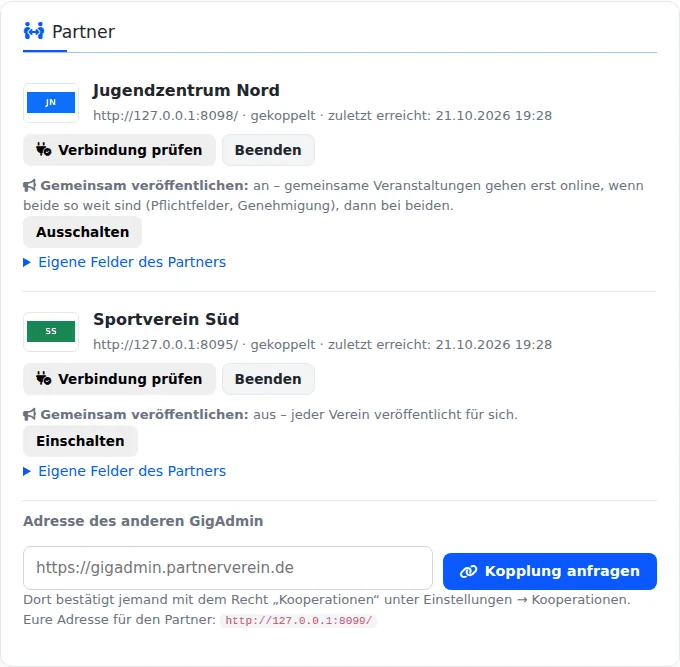 Einstellungen Kooperationen: zwei Partner mit Logo, Gemeinsam veröffentlichen je Partner, Kopplung anfragen