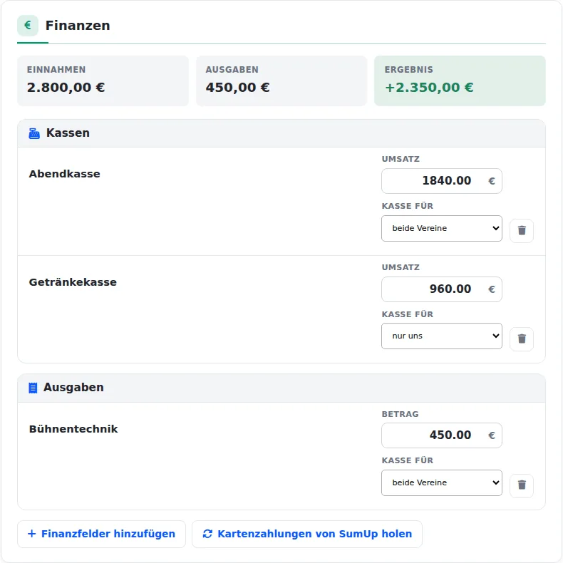 Finanzen einer gemeinsamen Veranstaltung: Abendkasse für beide Vereine, Getränkekasse nur für uns, Ausgabe Bühnentechnik