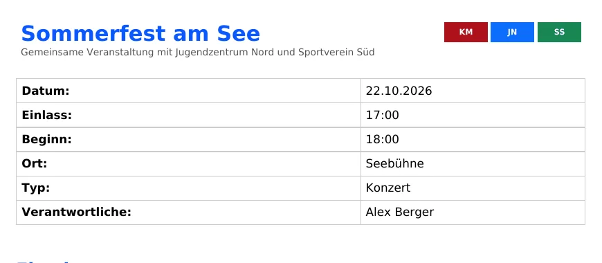 Kopf eines Veranstaltungs-PDFs: Sommerfest am See, gemeinsame Veranstaltung mit Jugendzentrum Nord und Sportverein Süd, drei Logos nebeneinander