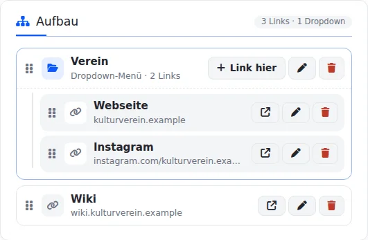 Kasten „Aufbau“ mit dem Dropdown „Verein“ und den Links Webseite und Instagram darin, darunter der einzelne Link „Wiki“, jeweils mit Knöpfen zum Öffnen, Bearbeiten und Löschen