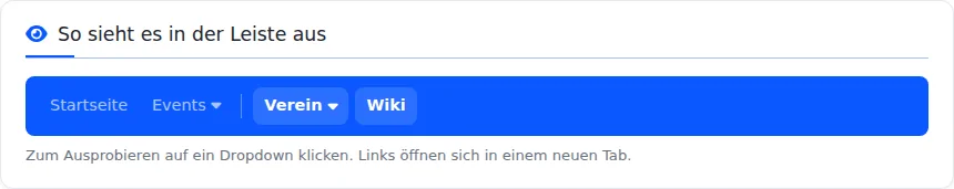 Vorschau „So sieht es in der Leiste aus“: blaue Leiste mit Startseite, Events, dem Dropdown „Verein“ und dem Link „Wiki“