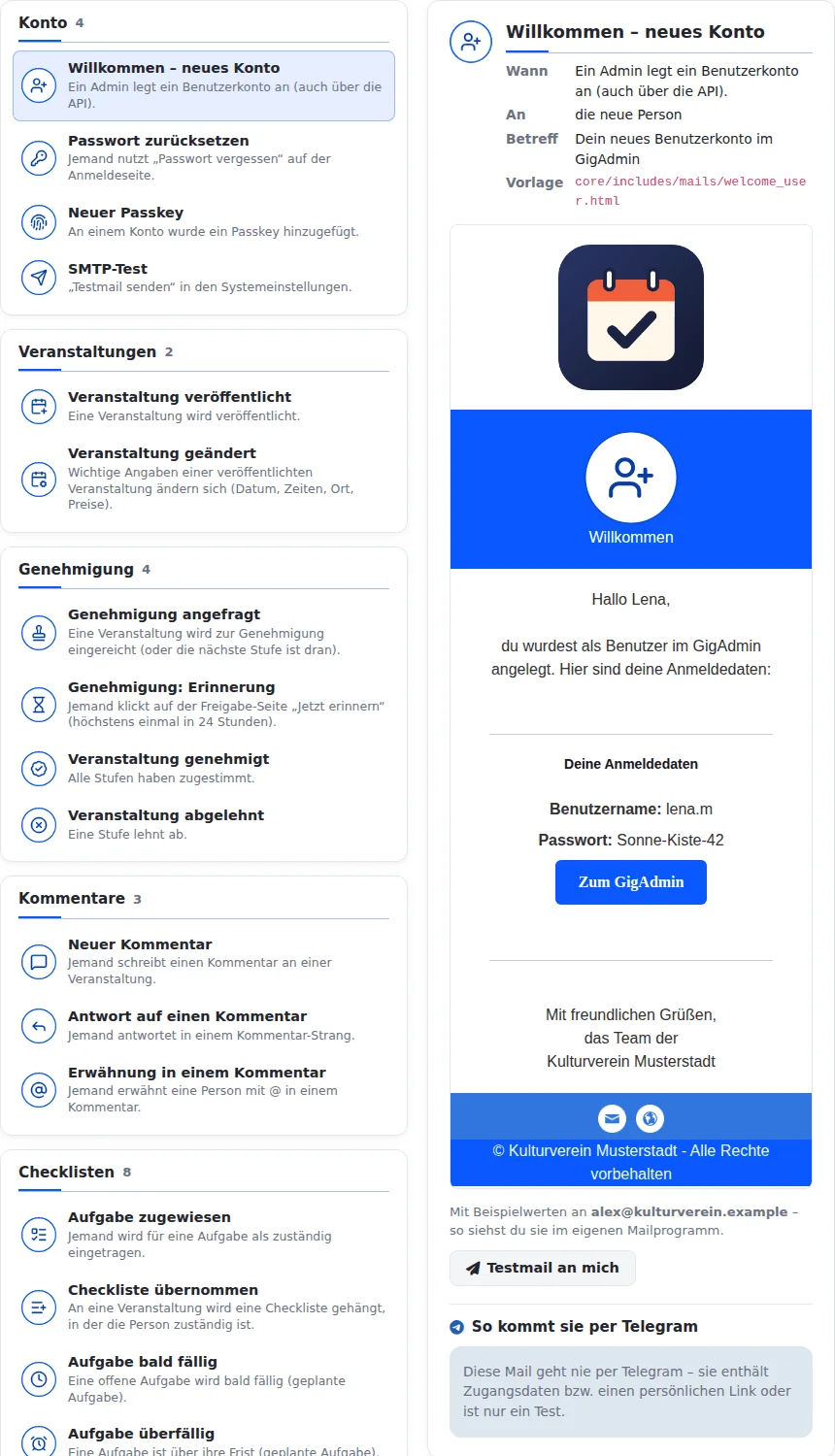 Seite Mail-Vorlagen: links die Mails nach Gruppen wie Konto, Veranstaltungen, Genehmigung und Kommentare, rechts die Vorschau der Willkommens-Mail mit Knopf „Testmail an mich“