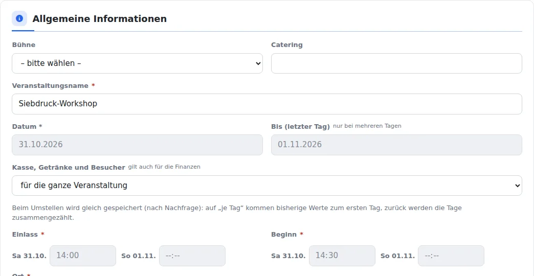 Allgemeine Informationen eines Workshops vom 31.10. bis 01.11.2026 mit Feld „Bis (letzter Tag)“ und Einlass und Beginn je Tag