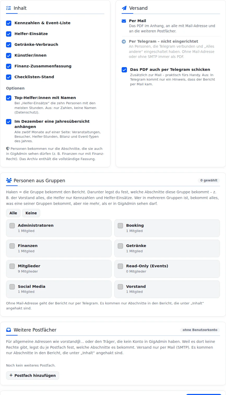 Einstellungen des Monatsberichts: Karte „Inhalt“ mit sechs angehakten Abschnitten und Optionen, Karte „Versand“ mit Mail und Telegram, darunter die Gruppen als Empfänger und „Weitere Postfächer“