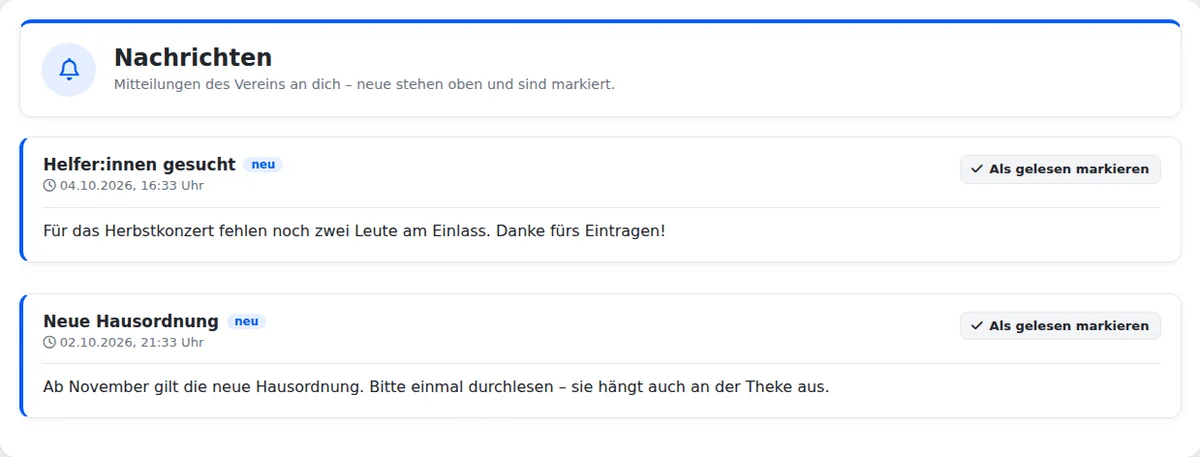 Seite „Nachrichten“ mit zwei neuen Mitteilungen „Helfer:innen gesucht“ und „Neue Hausordnung“, jeweils mit Datum, Text und Knopf „Als gelesen markieren“