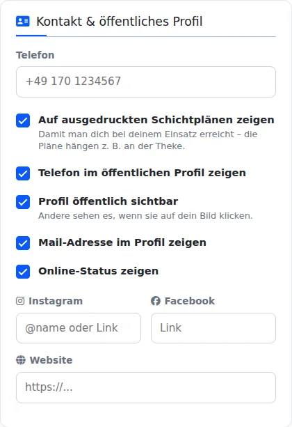 Karte „Kontakt & öffentliches Profil“ mit Telefonfeld, Haken für Schichtpläne, Telefon, öffentliches Profil, Mail-Adresse und Online-Status sowie Feldern für Instagram, Facebook und Website