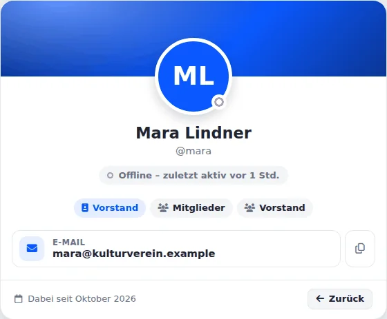 Profilkarte von Mara Lindner mit Status offline, den Gruppen Mitglieder und Vorstand, ihrer Mail-Adresse mit Kopier-Knopf und „Dabei seit Oktober 2026“