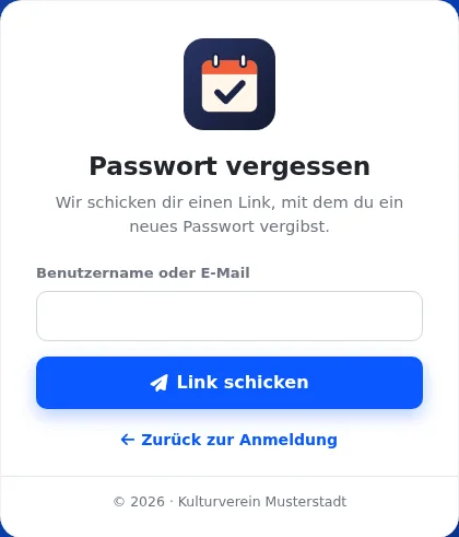 Seite „Passwort vergessen“ mit einem Feld „Benutzername oder E-Mail“, dem Knopf „Link schicken“ und dem Link „Zurück zur Anmeldung“