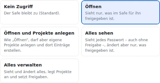 Die fünf Stufen für eine Gruppe: Kein Zugriff, Öffnen (gewählt), Öffnen und Projekte anlegen, Alles sehen und Alles verwalten, je mit kurzer Erklärung