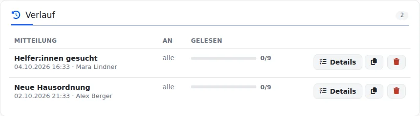 Verlauf mit zwei gesendeten Mitteilungen, Empfänger „alle“, Balken für den Lesestand und Knöpfen für Details, Kopieren und Löschen