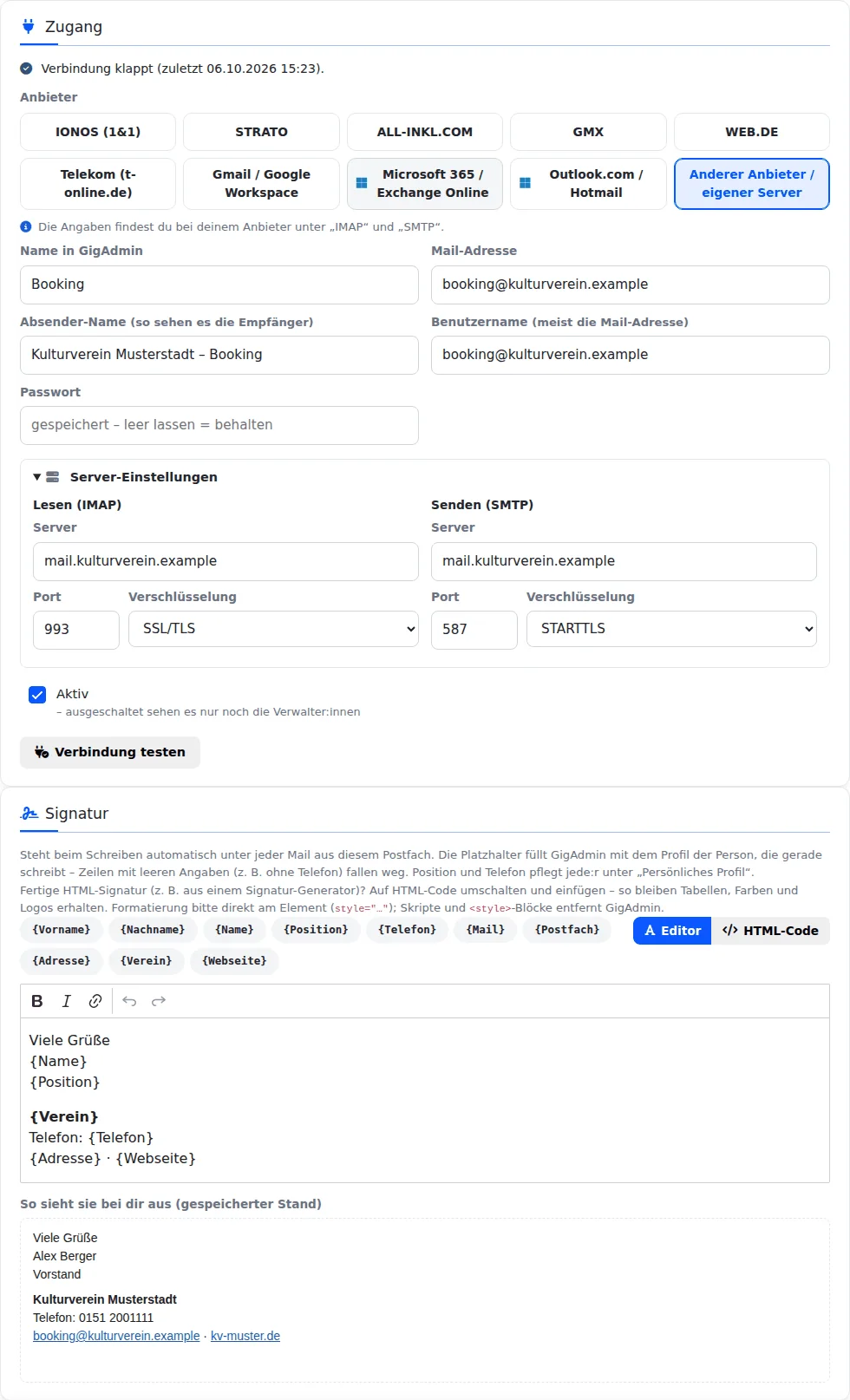 Karte „Zugang“ mit Anbieter-Knöpfen von IONOS bis „Anderer Anbieter“, Feldern für Name, Mail-Adresse, Benutzername und Passwort, Server-Einstellungen für IMAP und SMTP, darunter die Signatur-Vorlage mit Platzhaltern