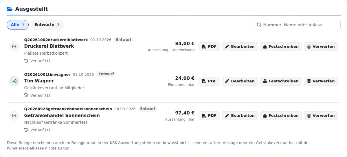 Liste „Ausgestellt“ mit drei Entwürfen, je mit Nummer, Name, Anlass, Betrag und den Knöpfen PDF, Bearbeiten, Festschreiben und Verwerfen