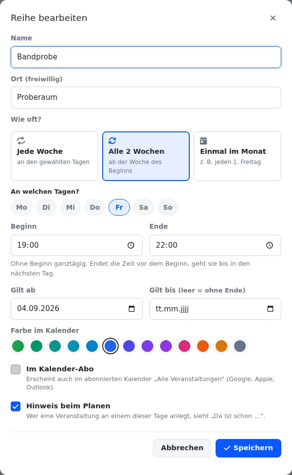Fenster „Reihe bearbeiten“ für die Bandprobe im Proberaum, alle 2 Wochen freitags von 19 bis 22 Uhr, mit Farbauswahl und den Haken „Im Kalender-Abo“ und „Hinweis beim Planen“