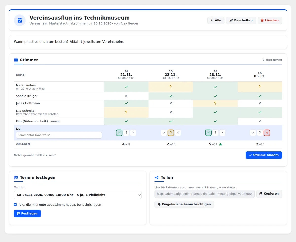 Abstimmungstabelle mit vier Terminen, Häkchen, Fragezeichen und Kreuzen je Person, Zusagen je Termin mit Stern beim besten, darunter Termin festlegen und Link für Externe