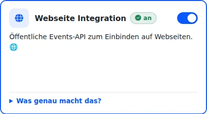 Plugin-Karte „Webseite Integration“, eingeschaltet, mit der Beschreibung „Öffentliche Events-API zum Einbinden auf Webseiten“