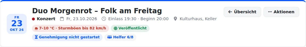 Kopf einer Veranstaltung im Event-Editor mit rotem Wetter-Kennzeichen „7 bis 10 °C, Sturmböen bis 82 km/h“